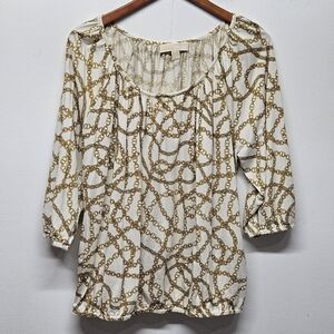 Michael Kors Gold Chain Print Peasant Top 2X Elastic Neck 3/4 Sleeve Luxury Boho